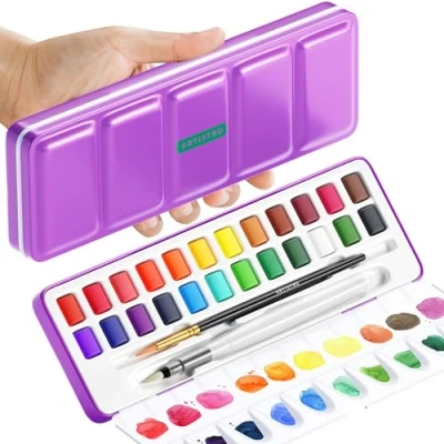 Abbildung von Artistro Aquarellfarben Set mit 24 Farben, Reise in tragbarer Box, Wasserfarben Sets für Kinder, Mini Erwachsene Künstler, Anfänger, Hobby Bastler
