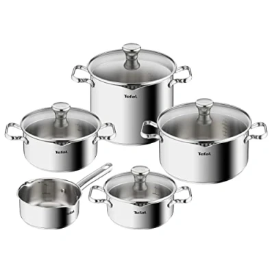 Abbildung von Tefal Duetto Topfset Induktion 9 teilig, robuster und hochwertiger Edelstahl, Induktions Töpfe Set mit Siebdeckel, backofengeeignet bis zu 260C (ohne Deckel), für alle Herdarten geeignet, A705S9