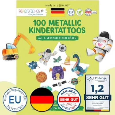 Abbildung von Papierdrachen 100 Metallic Tattoos für Kinder Hautfreundliche Kindertattoos Bagger und Dino als Geburtstagsmitgebsel &amp; Geschenkidee Jungen Mädchen in Deutschland hergestellt