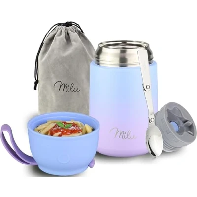 Abbildung von Milu® Thermobehälter 650 ml Edelstahl Warmhaltebehälter Essensbehälter Speisegefäß Babynahrung Essen warmhalten Behälter Thermo Lunchbox Müsli to go Blau Violet, 650ml