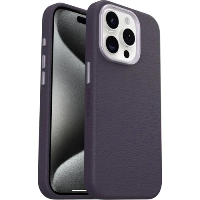 Abbildung von OtterBox Symmetry Series Cactus Leather MagSafe Hülle für iPhone 15 Pro, stoßfest, sturzsicher, dünne Schutzhülle, 3X mehr Stürze als nach Militärstandard, Lila