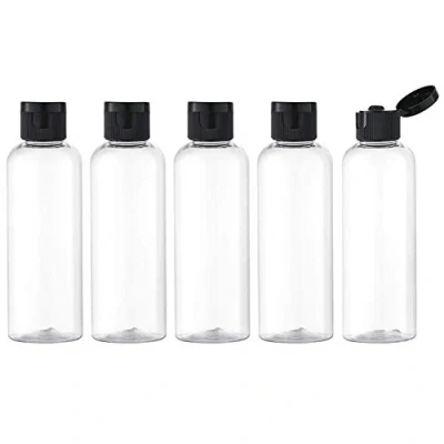 Abbildung von Toureal 100ML Reiseflaschen Set mit Flip Cap (5 Stück) Leere Spender Plastikflasche Set, Abfüllflaschen für Kosmetik Trichter (Transparent)