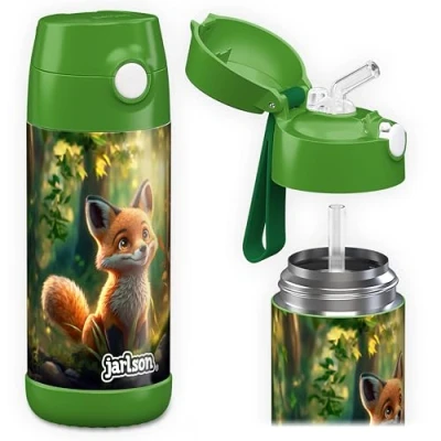 Abbildung von Jarlson® Trinkflasche Kinder Edelstahl CHARLI mit Strohhalm Thermosflasche 350ml TÜV geprüft BPA frei auslaufsicher Thermo Wasserflasche für Schule, Kindergarten Fuchs, 350 ml