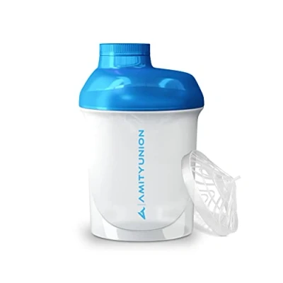Abbildung von AMITYUNION Protein Shaker Weiß Blau Deluxe 400 ml Eiweiß auslaufsicher BPA frei mit Sieb &amp; Skala für Cremige Whey Proteinpulver Shakes Gym Fitness Bottle Isolate Trainings Booster