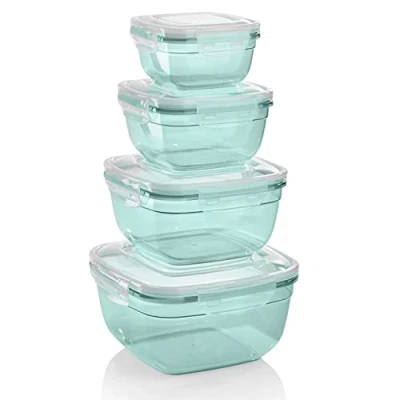 Abbildung von Grizzly 4er Set Frischhaltedosen (0,5L, 0,9L, 1,5L, 2,4L), quadratisch, Kunststoff, 100% luft /wasserdicht, mikrowellengeeignete Vorratsdosen, Mint