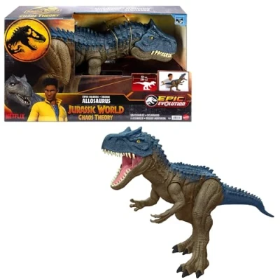 Abbildung von Mattel Jurassic World: Die Chaostheorie Netflix Riesendino Allosaurus Actionfigur, extragroßer Dinosaurier, kann 20 Minifiguren verschlingen, ca. 96 cm lang, XL Action Spielzeug, HRX53