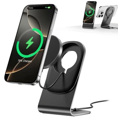 Abbildung von Mag Safe Ladegerät BHHB Ladestation mit Ständer 15W Wireless Charger für iPhone 16/15/14/13/12/Xs/X/Xr/8 Serie und Air Pods 4/3/2/Pro (Schwarz)
