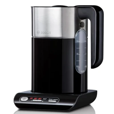 Abbildung von Bosch kabelloser Wasserkocher TWK8613P, Abschaltautomatik, Überhitzungsschutz, Temperaturwahl, Warmhaltefunktion, 1,5 L, 2400 W, schwarz
