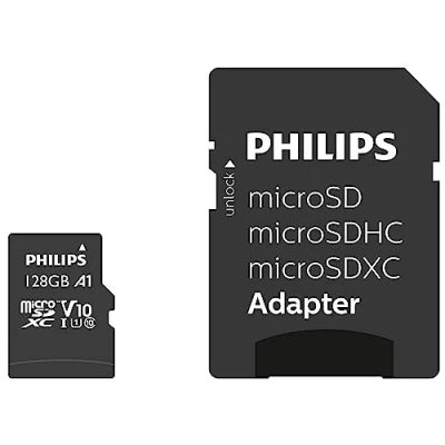 Abbildung von Philips Ultra Speed microSDXC Card 128 GB + SD Adapter UHS I U1, Lesegeschwindigkeit bis zu 80 MB/s, A1 Fast App Performance, V10, Speicherkarte für Smartphones, Tablet, PC, Reader, Full HD Video