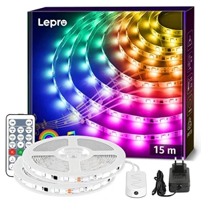 Abbildung von Lepro MagicColor LED Strip 15M(2x7.5M), 450 LEDs Streifen Lichterkette DreamColor, MagicColor, Musik Band mit Fernbedienung, Lichtband Wasserdicht IP65, Dimmbar Lichtleiste