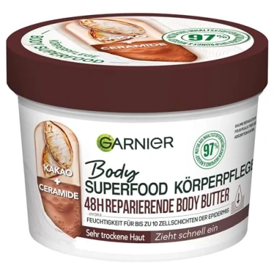 Abbildung von Garnier Reparierende Körperpflege Für trockene Haut, Body Butter mit Kakaobutter und Ceramiden, bis zu 48 Stunden Feuchtigkeit, Superfood, 1 x 380 ml