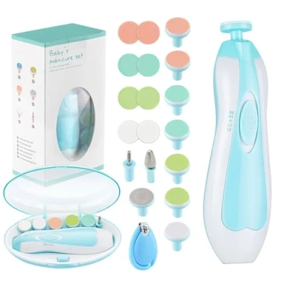 Abbildung von Zooawa Baby Nagelknipser 20 in 1, Elektrischer Nageltrimmer, Nagelfeilen Set mit 12 Ersatzpads, Pflegeset für Neugeborene Säuglinge Kleinkinder Erwachsene, Zehen Fingernägel Pflege, Blau