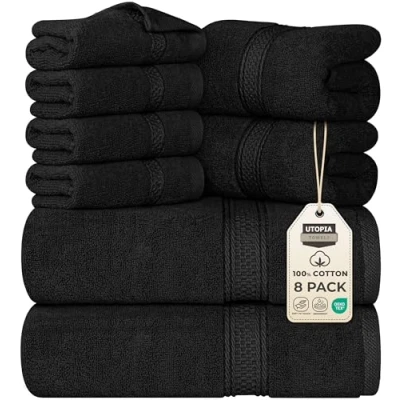 Abbildung von Utopia Towels 8 teilig Handtücher Set aus Baumwolle mit Aufhänger 2 Badetuch, und 4 Washclappen (Schwarz)