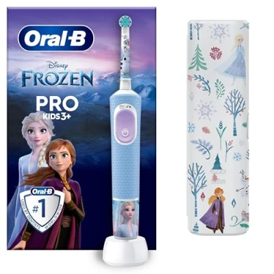 Abbildung von Oral B Pro Kids Frozen Elektrische Zahnbürste/Electric Toothbrush, Kinder ab 3 Jahren, inkl. Sensitiv+ Modus für Zahnpflege, extra weiche Borsten, 1 Aufsteckbürste, Reiseetui, 4 Sticker, Blau/Lila