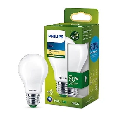 Abbildung von Philips LED Classic ultraeffiziente E27 Lampe (60 W), matte mit warmweißem Licht, energiesparende langer Nutzlebensdauer, Energieeffizienzklasse A