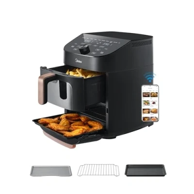 Abbildung von Midea Dual Zone Heißluftfritteuse, 11L Airfryer, 2 Fächer, Antihaftbeschichtung, spülmaschinenfeste Körbe, 8 in 1, Mit App, Schwarz