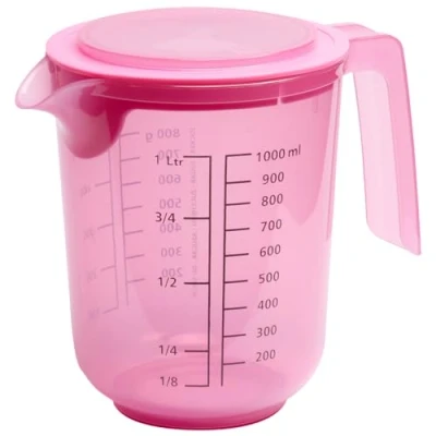 Abbildung von APS Rührbecher mit Deckel Messbecher Maßskalen für Flüssigkeiten (l/ml), Zucker (g) und Mehl / Volumen 1 Liter/Ø 12,5 cm/Höhe 16 cm