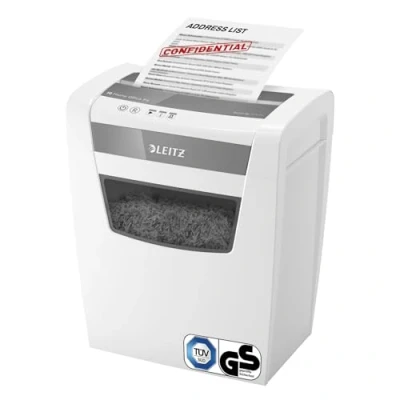 Abbildung von Leitz IQ Home Office Aktenvernichter, 12 10 Blatt Kapazität (70 80 g/m²), Partikelschnitt, Sicherheitsstufe P4, Die Nummer 1 am Markt, 23L Abfallbehälter, Schredder, weiß, 80090000