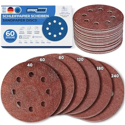 Abbildung von EffektWerk Schleifscheiben (60er Pack, 8 Löcher), 125 mm Schleifpapier mit mehreren Körnungen (40, 60, 80, 120, 180, 240)