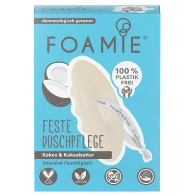 Abbildung von Foamie Festes Duschgel mit Kokos &amp; Kakaobutter Öko Test Sehr Gut, Duschpflege Intensive Feuchtigkeit Massage Effekt, Feste Dusche 100% Vegan, Plastikfrei, 80g