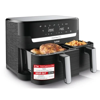 Abbildung von Tefal EY9018 Dual Easy Fry Doppelkammer Heißluftfritteuse 5,2/3,1 L Fassungsvermögen zwei unabhängige Schubladen 7 automatische Programme energiesparend Schwarz