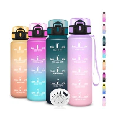 Abbildung von Trinkflasche 1l, Wasserflasche Auslaufsicher, mit Zeitmarkierung und Filter, Leicht zu Reinigen, Sport für Schule, Büro, Outdoor, Camping, Running, Fitness, Gym, Kinder