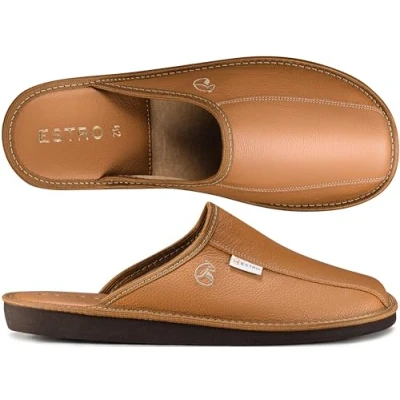 Abbildung von ESTRO Hausschuhe Herren Leder Herrenhausschuhe Hausschuh Männer Pantoffel Pantoffeln Pantoletten Slipper Mann Warm Rust (44 EU, Gold)