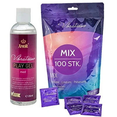 Abbildung von VIBRATISSIMO Kondome Mix 100er Pack gemischt &amp; Gleitgel Set I gefühlsecht extra feucht Kondom Beutel dünne Wandstärke Aromatisiert hauchzart genoppt gerippt