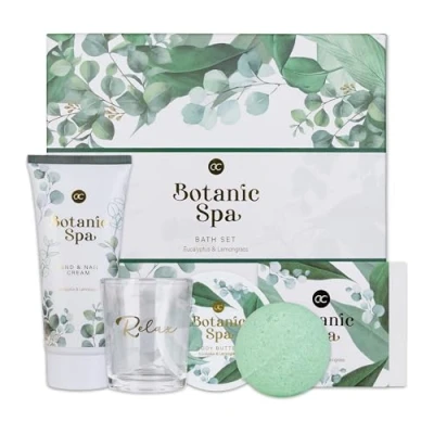 Abbildung von accentra Geschenkset Frauen BOTANIC SPA 5 teilig Badeset mit Duftkerze, Seife, Handcreme, Körperbutter &amp; Badebombe Wellness Set für Mädchen zum Geburtstag Duft: Eucalyptus Lemongrass