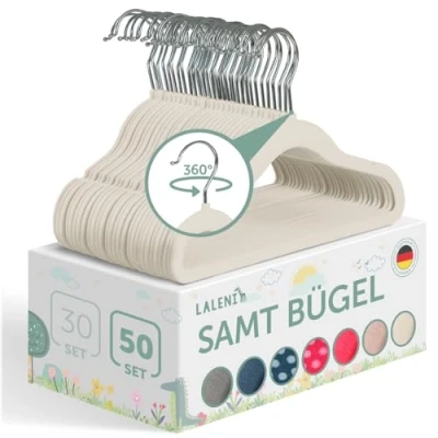 Abbildung von Laleni Kinderkleiderbügel 50 Stück mit Samtbezug platzsparende Kleiderbügel Kinder 360 drehbare rutschfeste samt Weiß Elfenbein