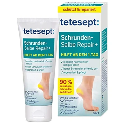 Abbildung von tetesept Schrunden Salbe Repair+ Fußcreme mit Hydro Lipid Komplex, Dexpanthenol + Sheabutter Fußsalbe zur effektiven Reduktion rissiger Haut 1 x 60 ml
