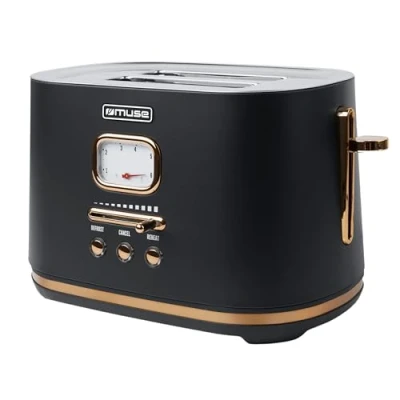 Abbildung von Muse Edelstahl toaster im schwarzen retro Design, analoge Anzeige, beleuchtete Tasten, 6 Bräunungsstufen, 2 Scheiben, MS 130 BC, Vintage Look, mit Krümelschublade