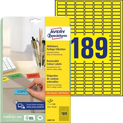 Abbildung von AVERY Zweckform L6037 20 Gelbe Etiketten (3.780 Aufkleber, 25,4x10mm auf A4, wieder rückstandsfrei ablösbar, selbstklebende Farbetiketten, Papier matt, bedruckbare, farbige Klebeetiketten) Blatt