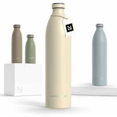 Abbildung von LARS NYSØM Edelstahl Trinkflasche 350ml, 500ml, 750ml, 1L, 1 5 liter Thermosflasche Kohlensäure geeignet Wasserflasche auslaufsicher für Sport, Outdoor, Schule (Almond Beige, XL 1500ml)