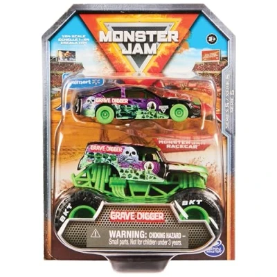 Abbildung von Monster Jam, Truck und Rennauto in einem Set, Maßstab 1:64, Robustes, detailreiches Design für krasse Stunts, ab 3 Jahren, Sortierung mit Max D, Grave Digger Earthshaker, Zufallsauswahl