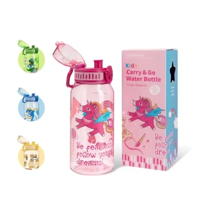 Abbildung von UZSPACE Trinkflasche Kinder auslaufsicher Wasserflasche, 600ml 20oz Mädchen Einhorn Flasche, Tritan BPA frei Kinderflasche mit Einhandbedienung, für Schule Outdoor Kindergarten yoga, rosa Unicorn