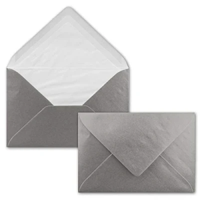 Abbildung von 75 Briefumschläge Silber Metallic Glänzend DIN C6 gefüttert mit weißem Seidenpapier 90 g/m² 11,4 x 16,2 cm Nassklebung NEUSER PAPIER