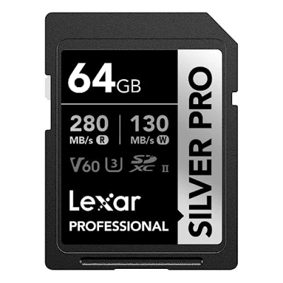 Abbildung von Lexar SILVER PRO SD Karte 64GB, UHS II Speicherkarte, V60, U3, C10, bis zu 280MB/s Lesen, 130MB/s Schreiben, SDXC für DSLR/Kamera/Fotografen/Videofilmer/Enthusiasten (LSDSIPR064G BNNAA)