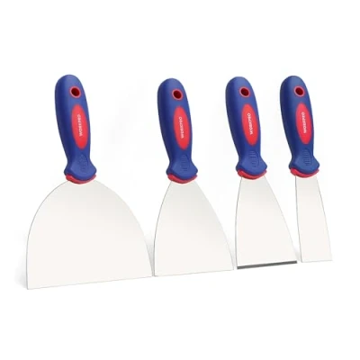 Abbildung von WORKPRO Profi Malerspachtel Spachtel Set aus rostfreiem Edelstahl mit Kunststoffgriff Maler Werkzeug Putty Knife 38mm 75mm 100mm 150mm 4 teilig inkl. 1 x stabil Anschliff &amp; 3 flexible
