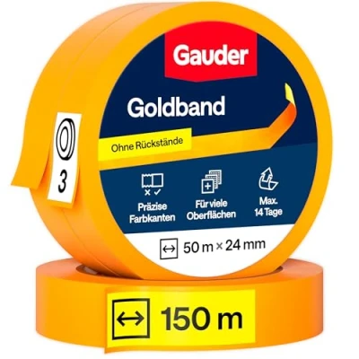 Abbildung von GAUDER Goldband (24 mm x 50 m) 3x Malerkrepp aus Premium Washi Tape für präzise Farbkanten rückstandsfreies Profi Kreppband und Abdeckband Malerband zum Streichen Lackieren