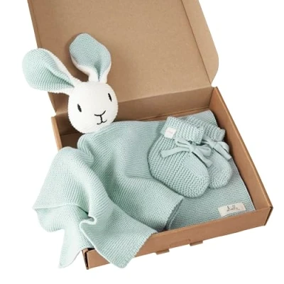 Abbildung von Livella Kuscheltuch „Hase“ mit Söckchen Reine Bio Baumwolle Premium Schmusetuch, Kuscheldecke, Schmusedecke, Strickdecke Samtweich &amp; atmungsaktiv Oeko TEX® Standard 100 und GOTS Zertifiziert