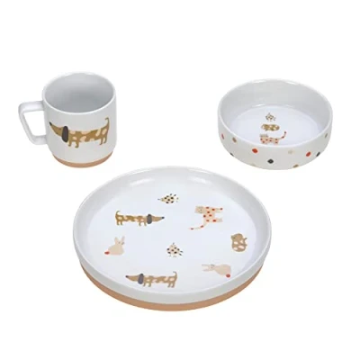Abbildung von LÄSSIG Geschirrset Porzellan Kindergeschirrset Teller Schüssel Tasse mit Silikonring rutschfest Kindergeschirr/Little Mateys spicy orange