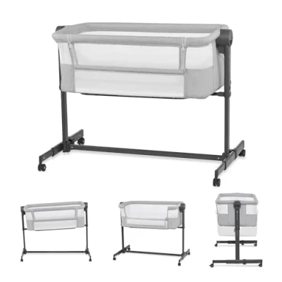 Abbildung von Kinderkraft Neste UP2 Beistellbett 2 in 1, Kinderreisebett mit Matratze Laken, 5 stufige Matratzenhöhenverstellung, 4 Rädern Bremse, Weichen Material, Leichte Konstruktion, Grau