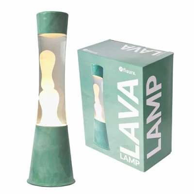 Abbildung von FISURA Lavalampe Jade. jadegrüner Sockel, transparente Flüssigkeit und weiße Lava. mit Ersatzbirne. Maße: 11 x 39,5 Zentimeter