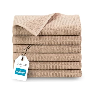 Abbildung von ZOLLNER 6er Set Handtücher in 50x70 cm langlebige Frottiertücher beige mit praktischem Aufhänger Zeitloses Waffelmuster waschbar bis 95C Baumwolle Hotelqualität