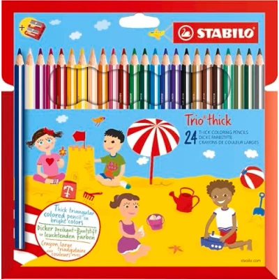 Abbildung von Dreikant Buntstift STABILO Trio dick 24er Pack mit 24 verschiedenen Farben und Spitzer