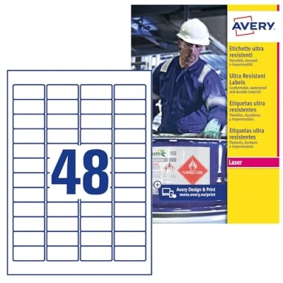 Abbildung von AVERY Zweckform L7911 10 Strapazierfähige Folienetiketten (480 Aufkleber, 45,7x21,2mm auf A4, extrem stark selbstklebend, für schwierige Oberflächen, bedruckbare Outdoor Klebefolie) Blatt, weiß