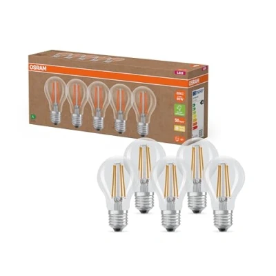 Abbildung von Osram Hocheffiziente LED Lampen mit Energieeffizienz Klasse A, Vorteilspack 5 Leuchtmittel, ersetzt herkömmliche 60W Glühbirnen, warmweiß(2700K), E27, Filament Glas, Klar