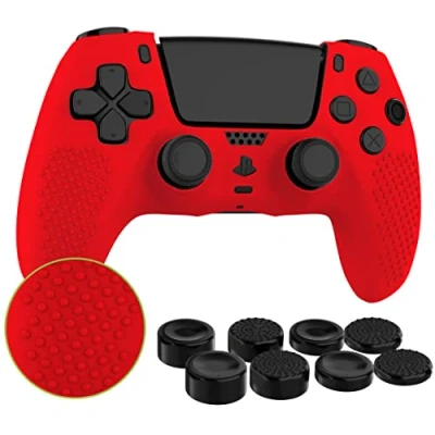 Abbildung von MyGadget Silikon Hülle kompatibel mit PS5 Controller 8 Thumbsticks [ 2X Paar Hoch Tief] Playstation 5 Dualsense Wireless Skin in Rot
