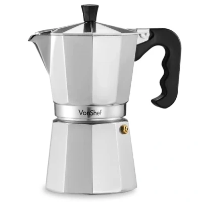 Abbildung von VonShef Espressokanne für den Herd, 450 ml Italienischer Espressokocher aus Aluminium Gas &amp; Elektroherd Mokkakanne 9 Tassen mit Ersatz Dichtung und Filter